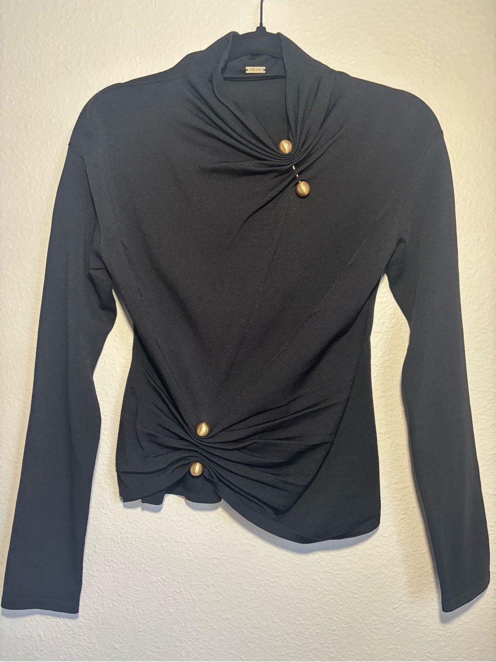 Cult Gaia Callie Pierced Ruched Knit Top Black Asymmetric Mock Neck